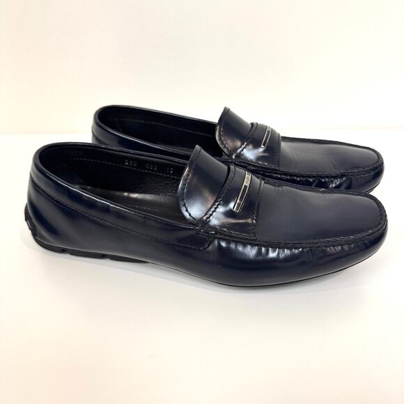 PRADA Patent Leather Navy Blue Silver Metal Logo Plaque Driving Loafer 10 Shoes main image 5